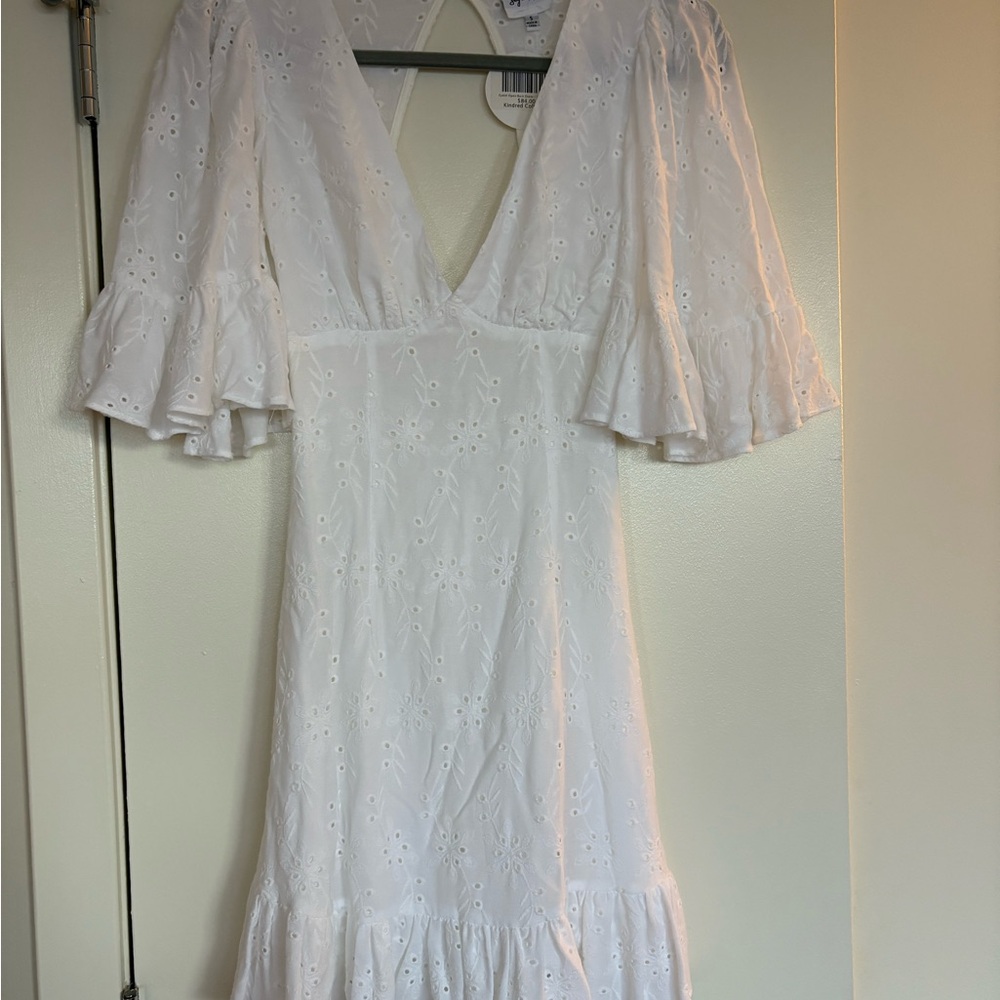 White Embellished Mini Sundress with Plunge Neckline and Bell Sleeves